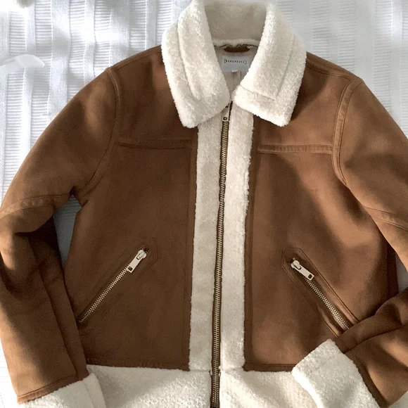 Warehouse Tan Suede Faux Shearling Jacket with Cream Trim - Picture 7 of 10